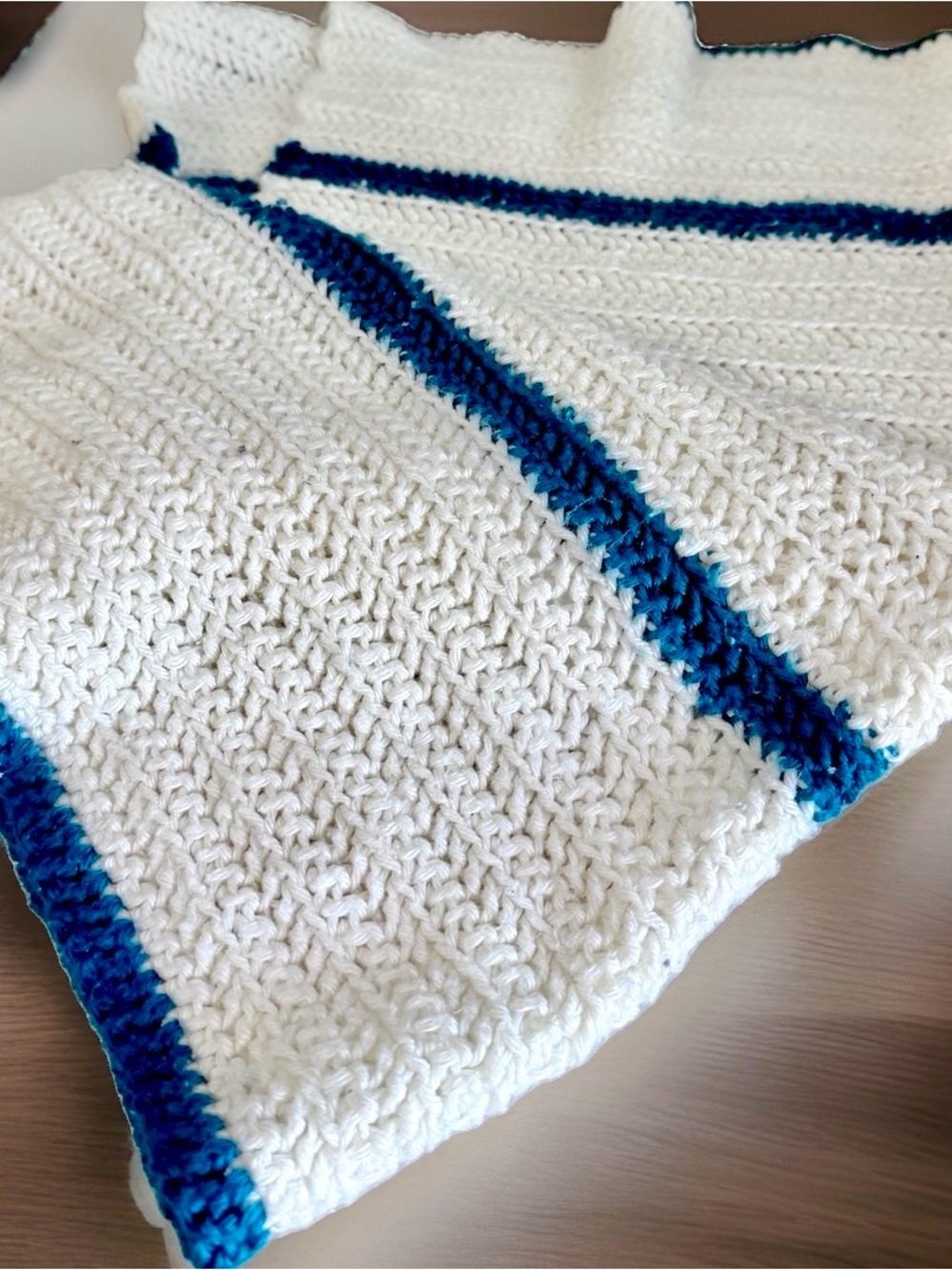 Handmade Baby Blanket Hand Knit White Aqua Crochet Thick Stitch 30 x 30 Throw